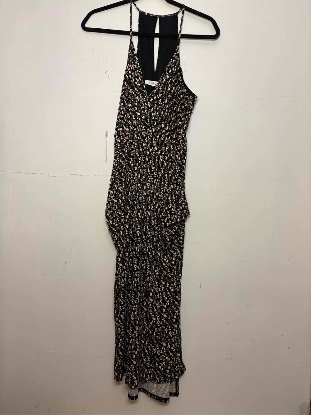 BCBGeneration Black Maxi Dress with Pink Floral Print and pockets